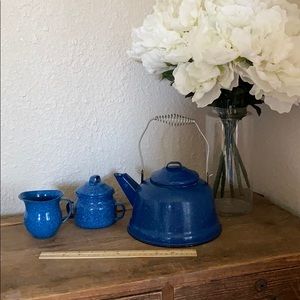 Set of 3 Blue speckled enamel Ware coffee set